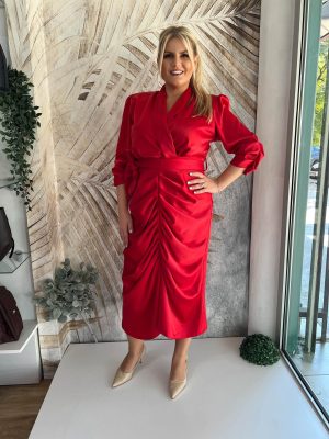 Midi haljina plus size, uska nabrana sa 3/4 rukavima, crvena