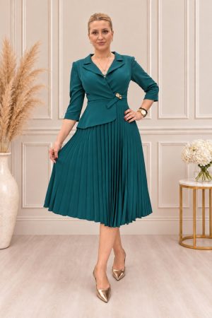 Haljina PLUS SIZE midi, plisirana sa 3/4 rukavima, zelena