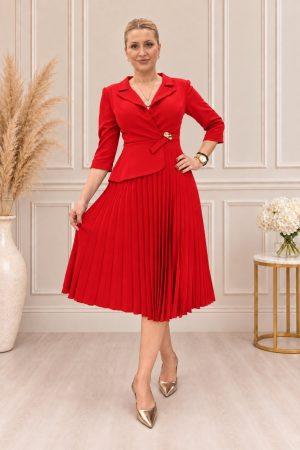 Haljina PLUS SIZE midi, plisirana sa 3/4 rukavima, crvena