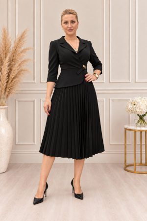Haljina PLUS SIZE midi, plisirana sa 3/4 rukavima, crna