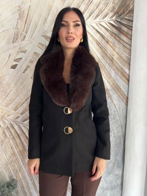 PLUS SIZE kratak kaput sa krznom oko vrata, braon