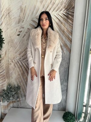 PLUS SIZE kaput sa krznom oko vrata, ekru